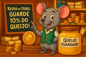 Vini Ratone ensinando como economizar dinheiro com a Regra de Ouro da Babilônia: guardar 10% do queijo antes de gastar. Ilustração em estilo cartoon.