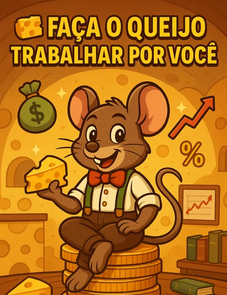 Viver de dividendos: rato investidor fazendo o queijo (dinheiro) trabalhar, liberdade financeira.