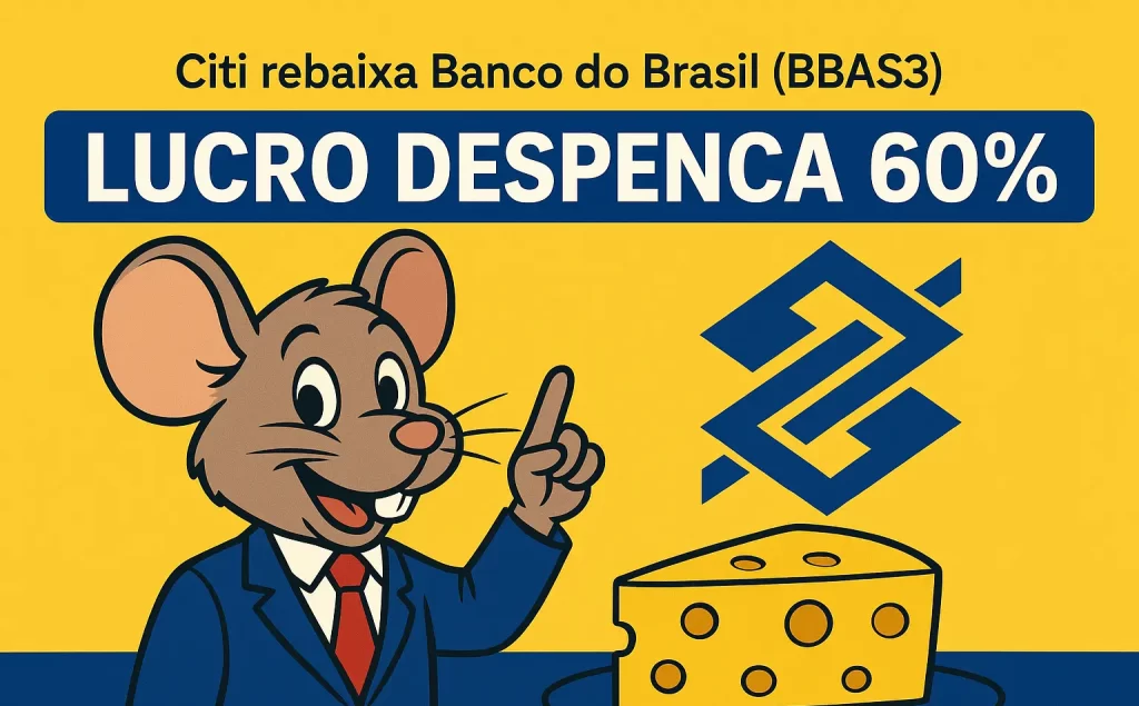 Ilustração de Vini Ratone apontando para um pedaço de queijo com o logotipo do Banco do Brasil ao fundo e o título “Lucro despenca 60%”, representando o rebaixamento do BBAS3 pelo Citi.