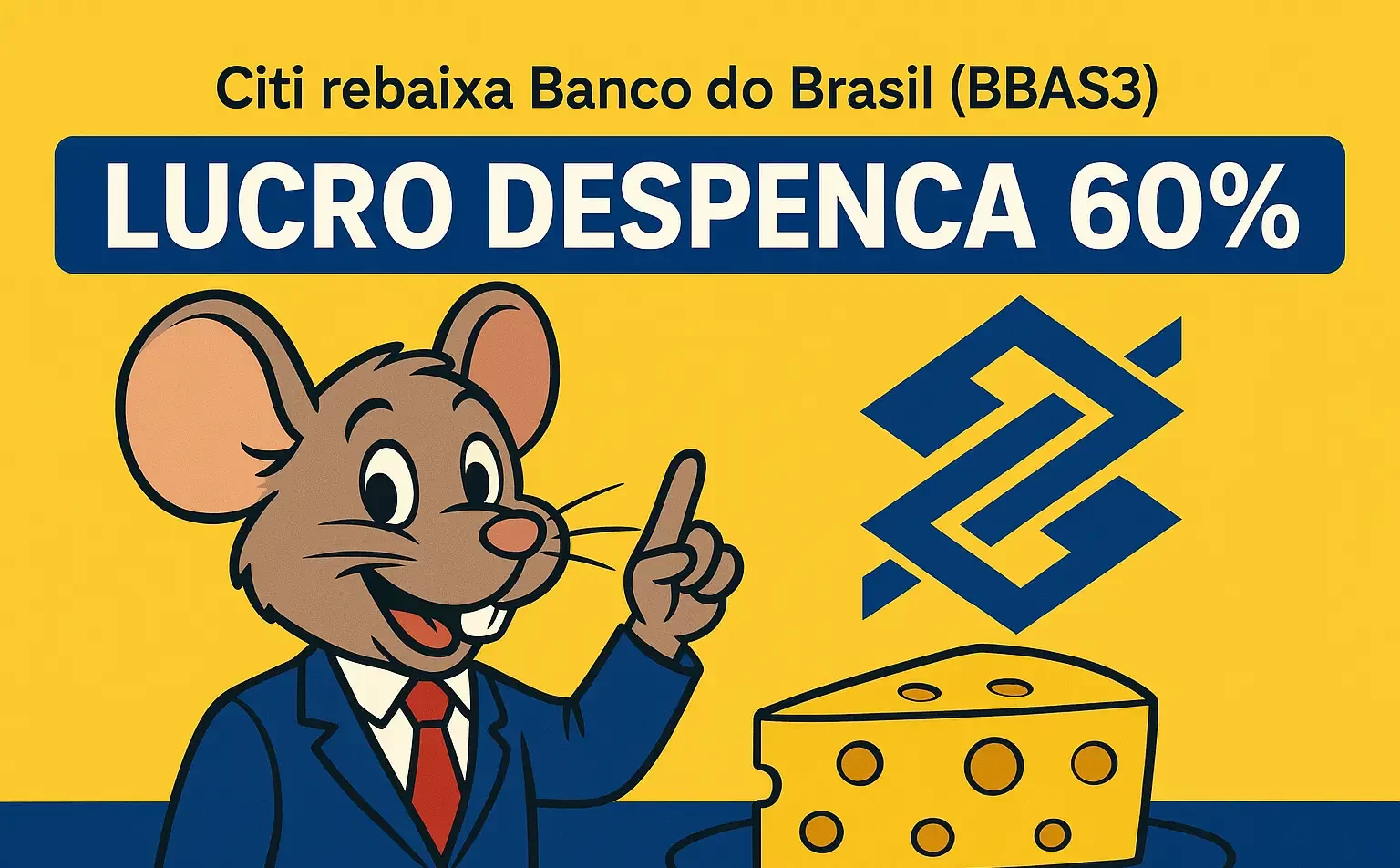 Ilustração de Vini Ratone apontando para um pedaço de queijo com o logotipo do Banco do Brasil ao fundo e o título “Lucro despenca 60%”, representando o rebaixamento do BBAS3 pelo Citi.