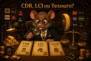 Rato de terno comparando certificados de CDB, LCI e Tesouro Selic numa balança dentro de uma toca — renda fixa comparação