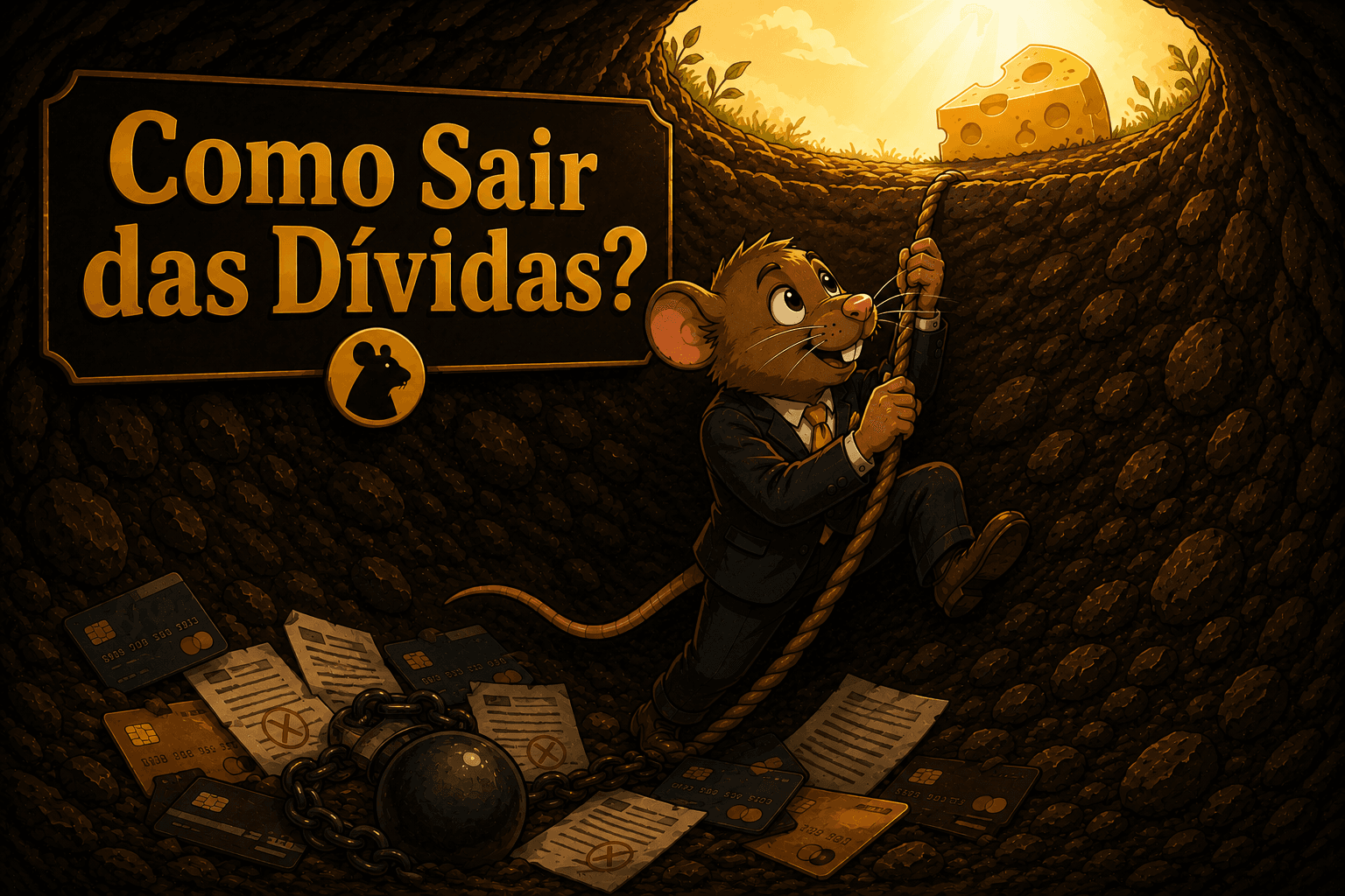 Rato de terno saindo de um buraco cheio de cartões de crédito e dívidas em direção a um queijo dourado no alto — como sair das dívidas