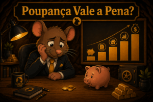 Rato de terno olhando decepcionado para um cofrinho com poucos centavos enquanto um gráfico na parede mostra a poupança rendendo menos que outras opções — poupança vale a pena