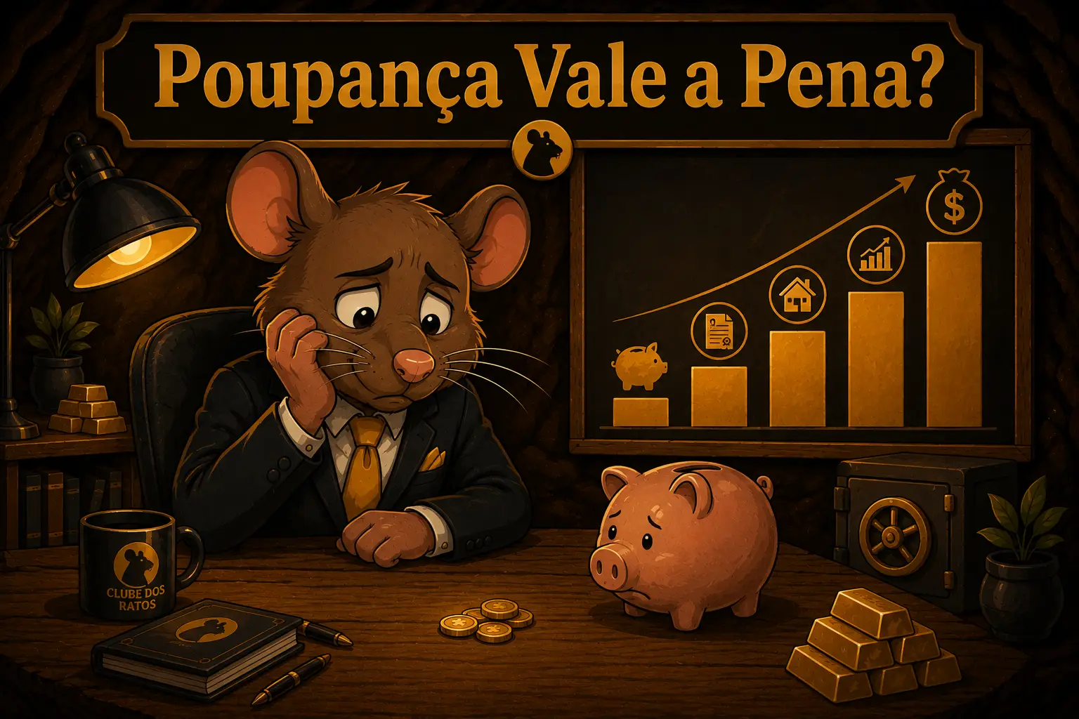 Rato de terno olhando decepcionado para um cofrinho com poucos centavos enquanto um gráfico na parede mostra a poupança rendendo menos que outras opções — poupança vale a pena