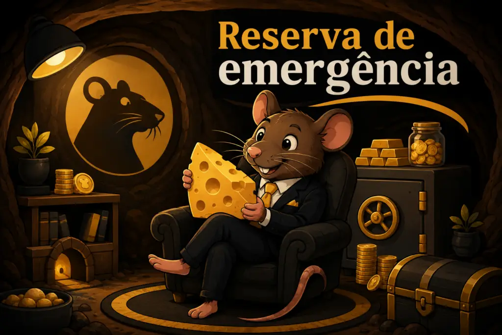 Rato de terno segurando um queijo dentro de uma toca com cofre e moedas de ouro — reserva de emergência