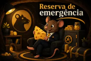 Rato de terno segurando um queijo dentro de uma toca com cofre e moedas de ouro — reserva de emergência