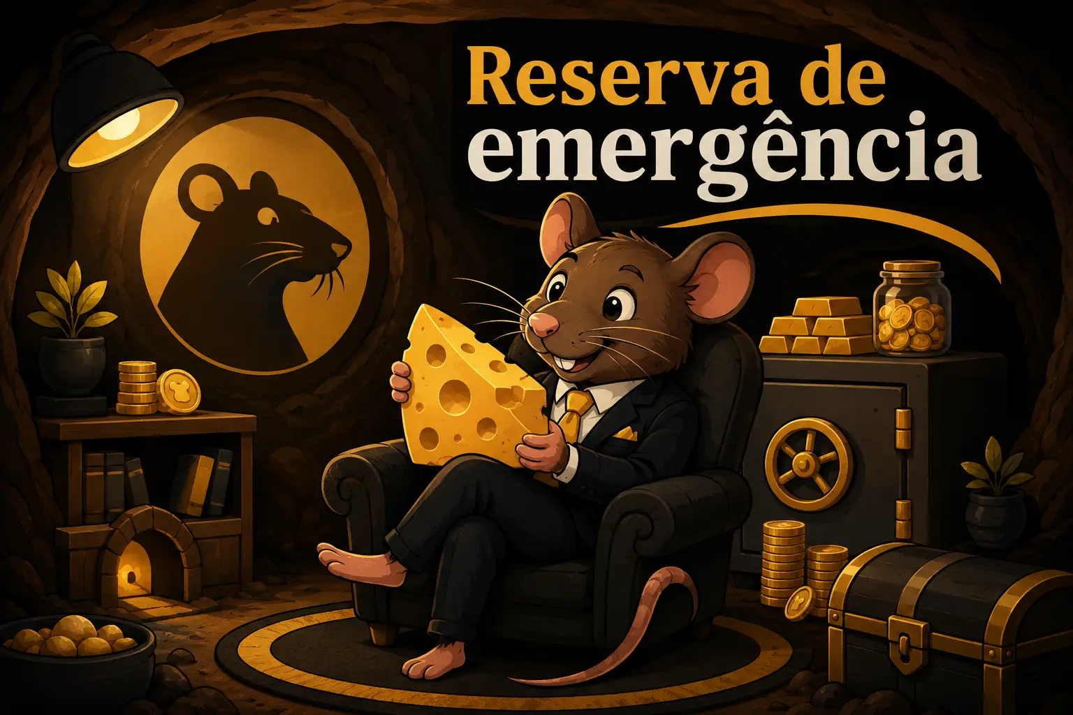 Rato de terno segurando um queijo dentro de uma toca com cofre e moedas de ouro — reserva de emergência