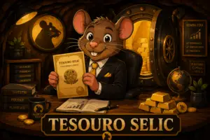Rato de terno segurando um certificado do Tesouro Selic dentro de uma toca com cofre dourado e barras de ouro — renda fixa