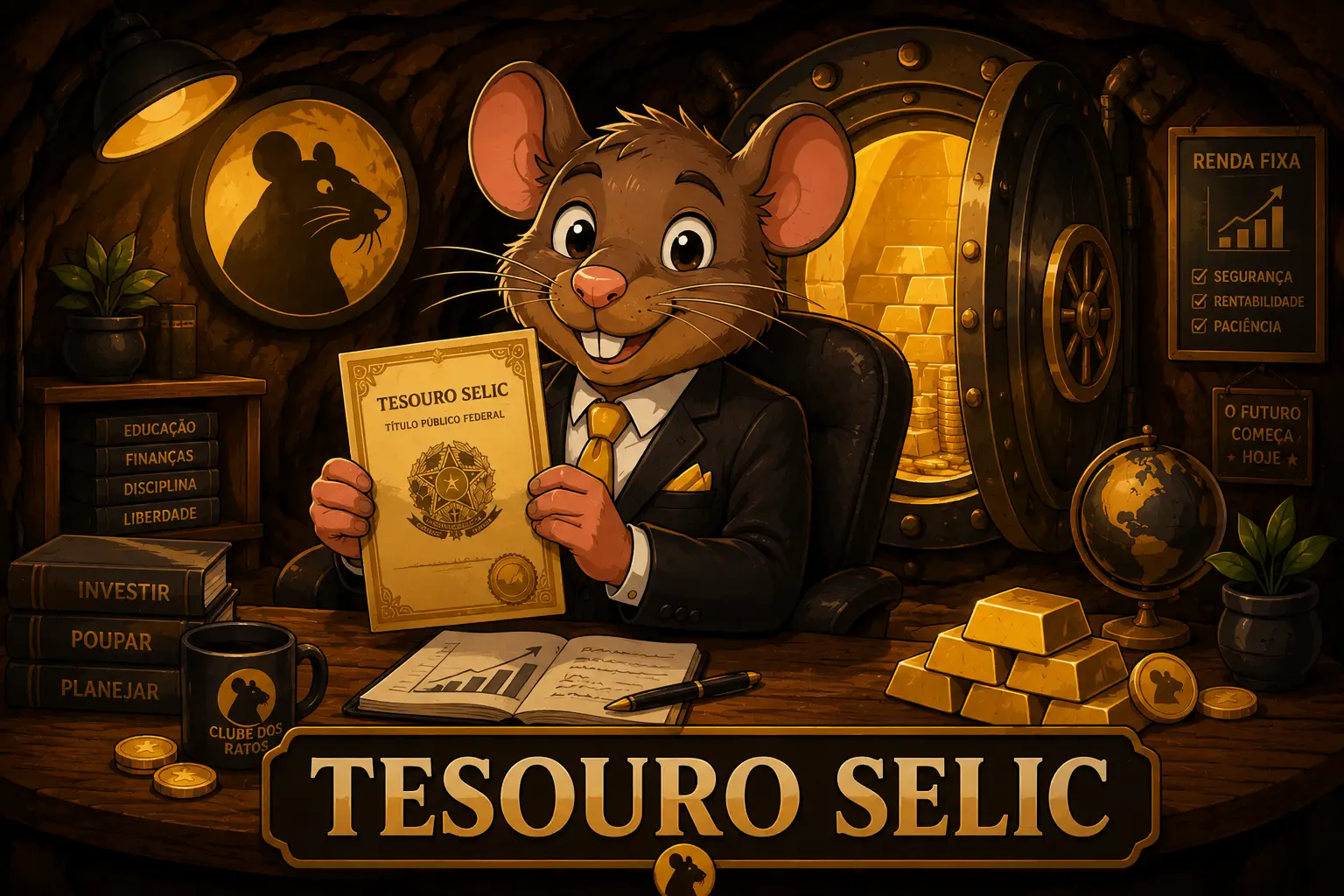 Rato de terno segurando um certificado do Tesouro Selic dentro de uma toca com cofre dourado e barras de ouro — renda fixa