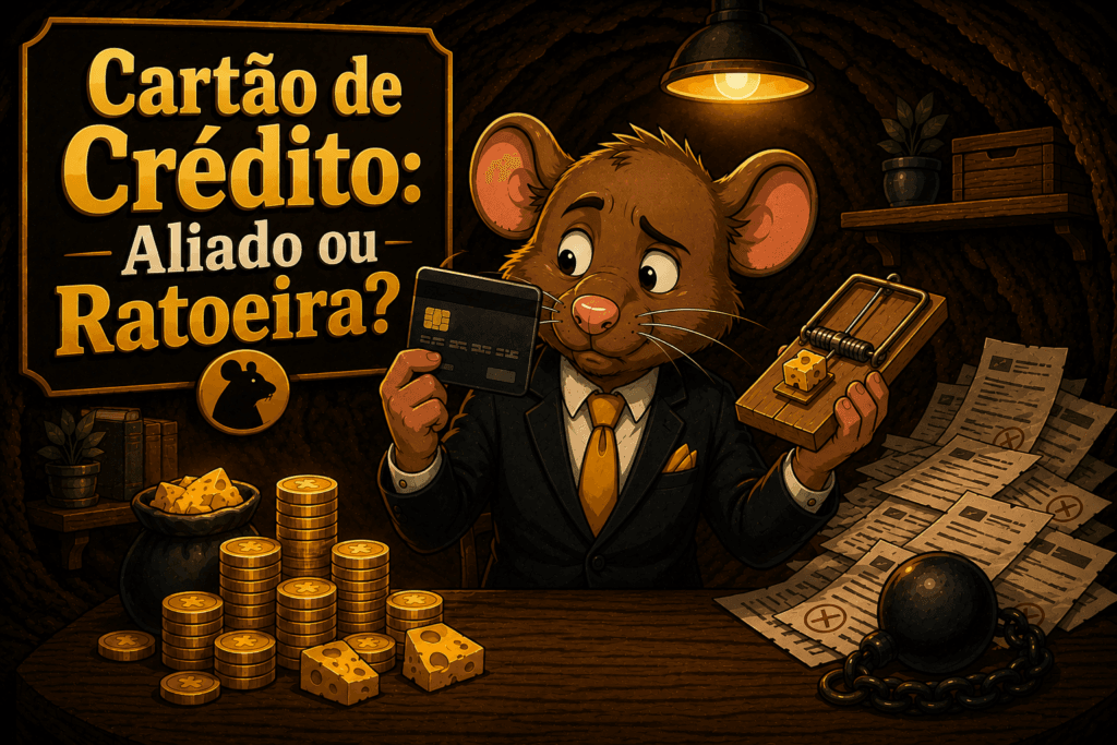 Rato de terno segurando um cartão de crédito e uma ratoeira, avaliando os dois lados dentro de uma toca — cartão de crédito como usar